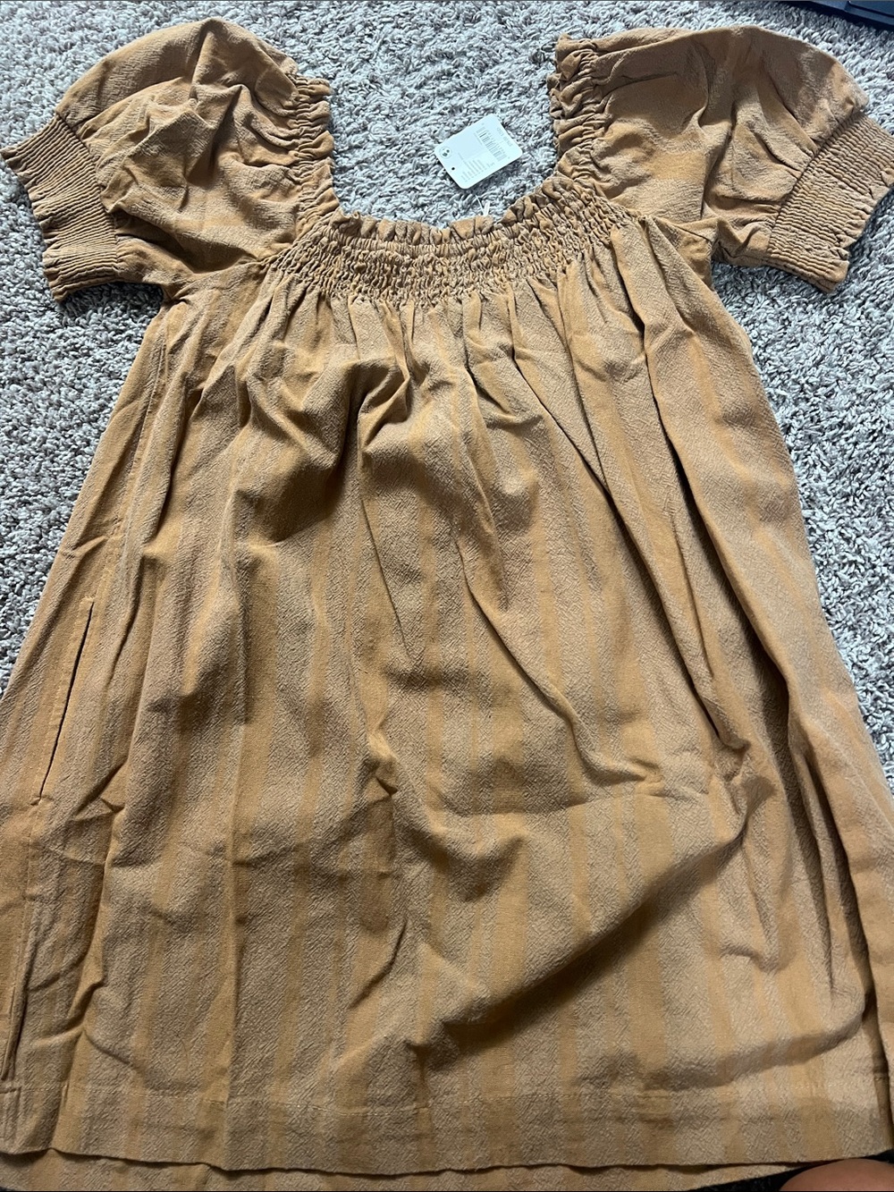 Free People Mustard/Tan Puff Sleeve Smocked Neck Dress - Picture 5 of 5